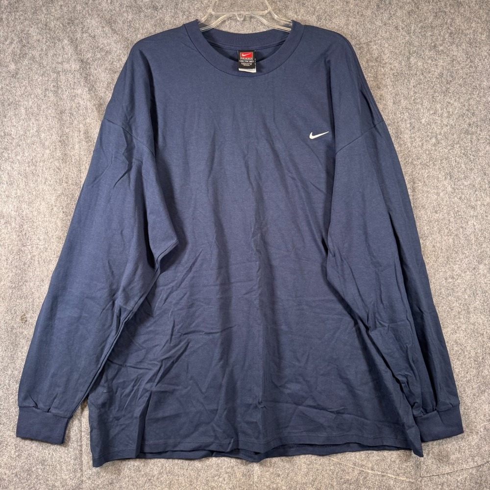 Vintage Nike Shirt Mens XXL Navy Blue Long Sleeve Swoosh Logo Streetwear Y2K